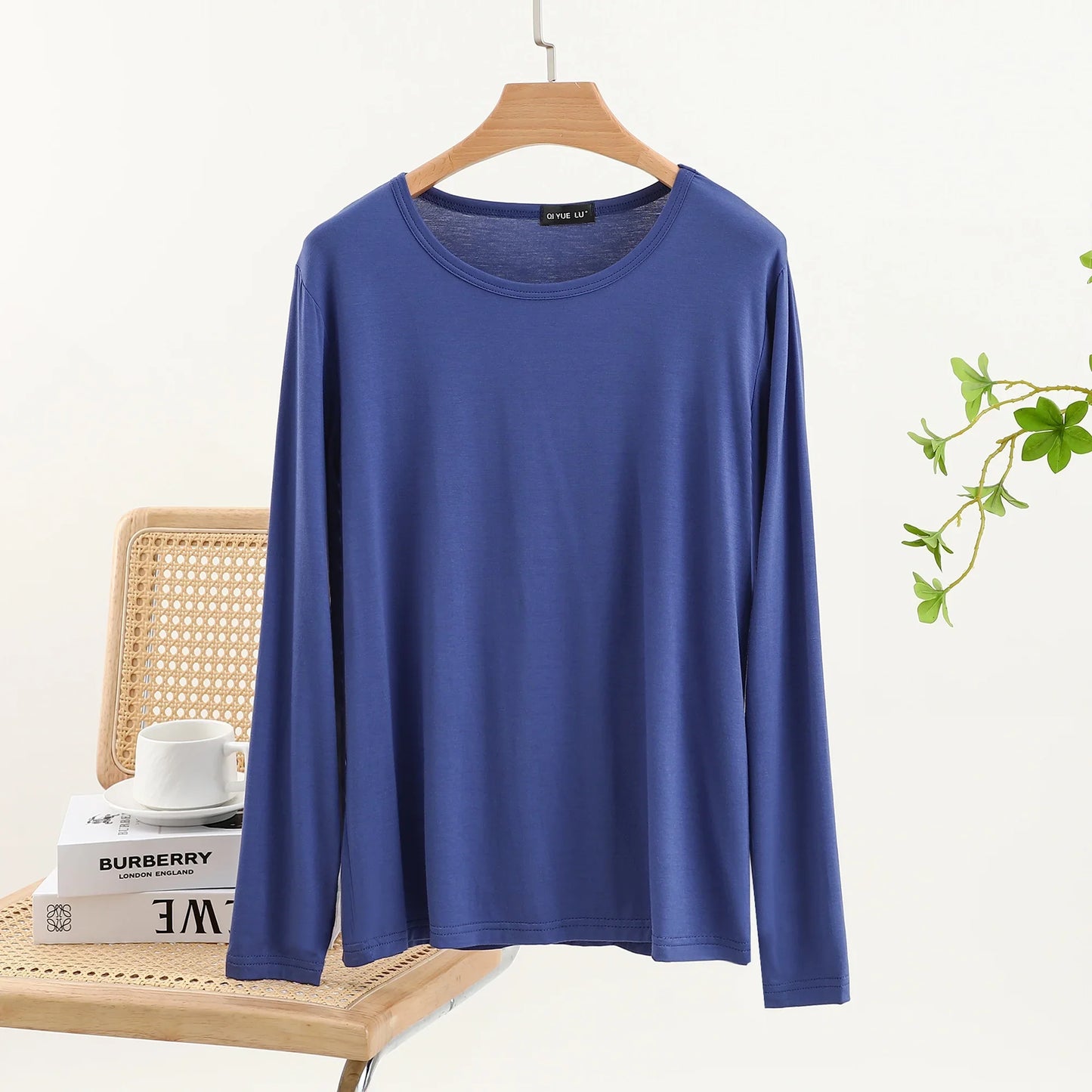 Casual Modal Long Sleeve T-Shirt Women's Spring Thin Round Neck Base Shirt Loose Fit Plus Size Slim Pure Color Top