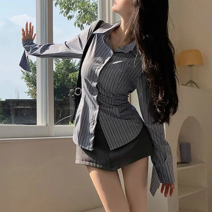 Women's Korean Striped Shirt Jacket - Slim Fit Waist Cinching Long Sleeve