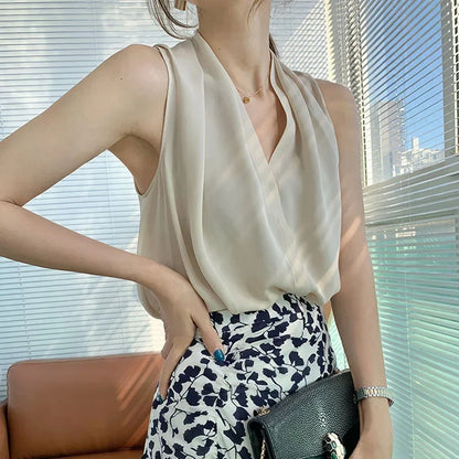 V-Neck Silk Sleeveless Tank Top Blouse