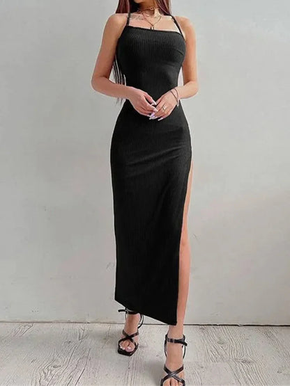 Sexy Black Long Bodycon Dress Women Sleeveless Backless Halter Neck Spaghetti Strap Dresses High Split Vestidos