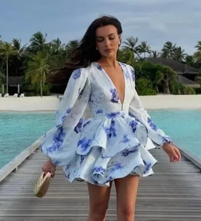 Printed Ruffled Hem Deep V-Neck Dress Long Lantern Sleeve Elegant Vacation Party Dress