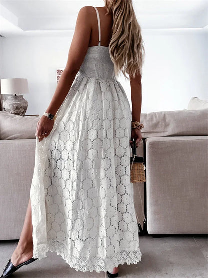 Lace Hollow Out Sleeveless Irregular Midi Dress