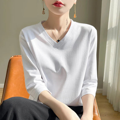 Women's Cotton V-Neck Cropped Sleeve T-Shirt