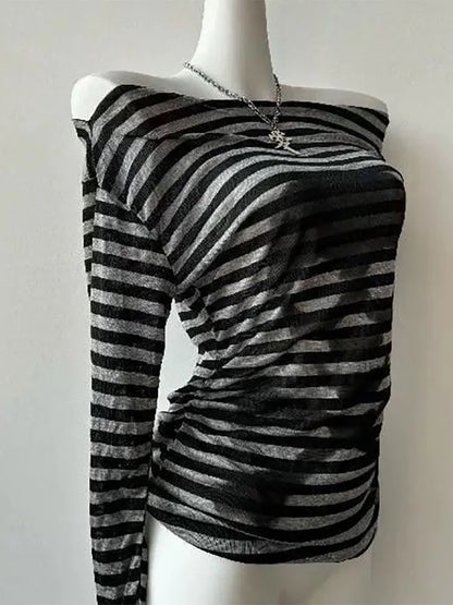 Gothic Skull Stripe Off-Shoulder Long Sleeve Tee