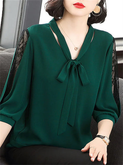 Women's Bow Blouse - Bow Collar Half Sleeve Loose Fit Top
