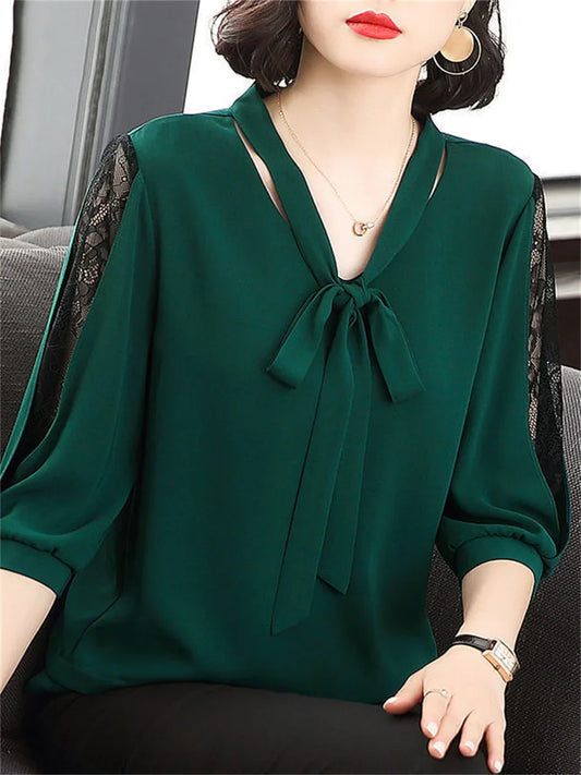 Women's Bow Blouse - Bow Collar Half Sleeve Loose Fit Top