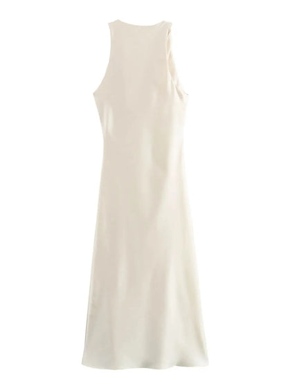 Satin Twisted Armhole Waist Gathered Midi Dress