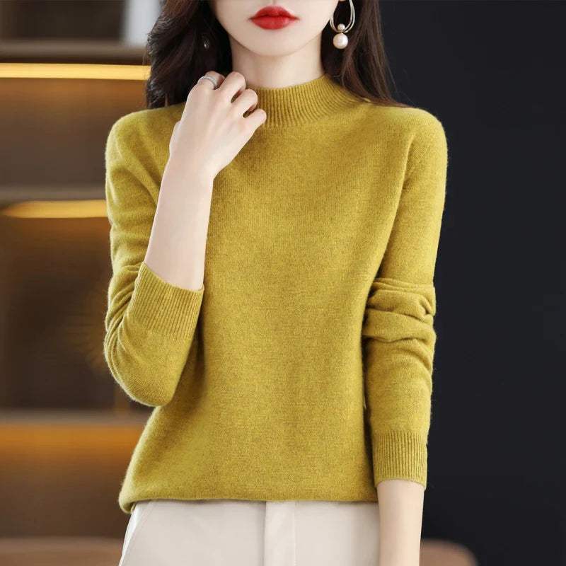 Mock Neck Cashmere Sweater Long Sleeve Loose Fit Pullover