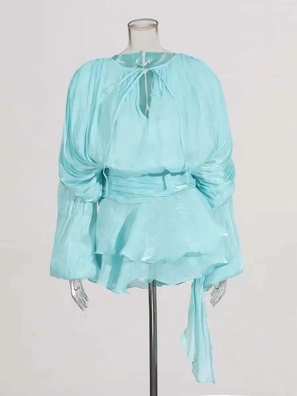 Solid Blouse Mini Dresses For Women V Neck Long Sleeve Spliced Lace Up Sweet Style Dress Female Clothing Fashion