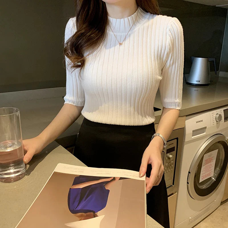 Women's Knitted Pullover - Half High Collar Short Sleeve Top