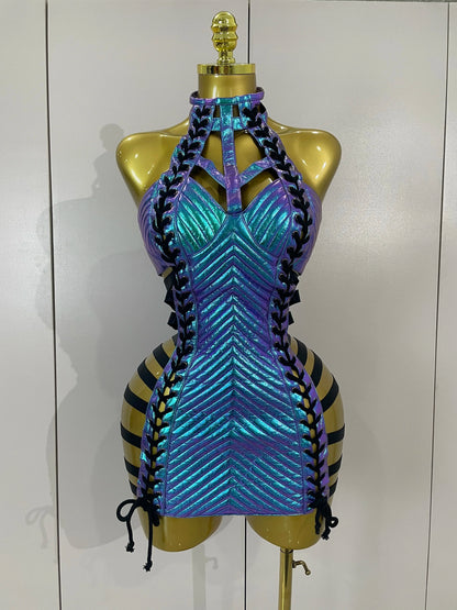 Women's Gothic Leather Bandage Halter Dress