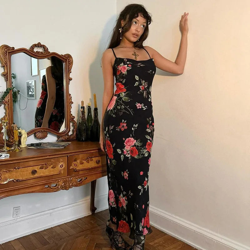 Women's Floral Print Bodycon Dress - Spaghetti Strap Backless Maxi