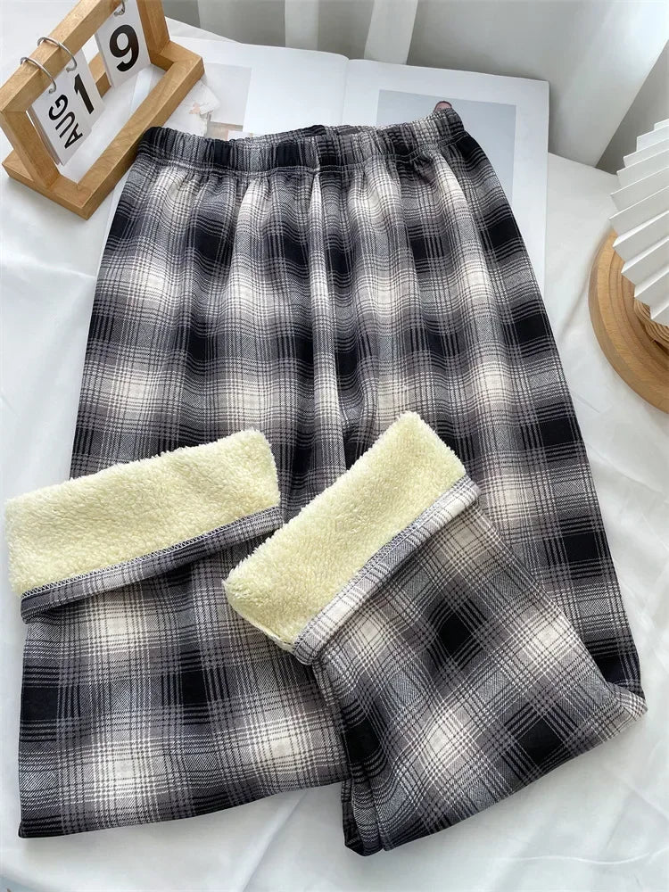 Plaid Wide Leg Plush Pants Warm Cashmere Loose Mid Waist Casual