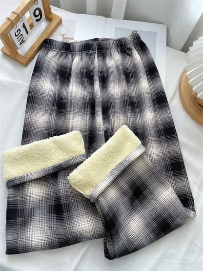 Plaid Wide Leg Plush Pants Warm Cashmere Loose Mid Waist Casual