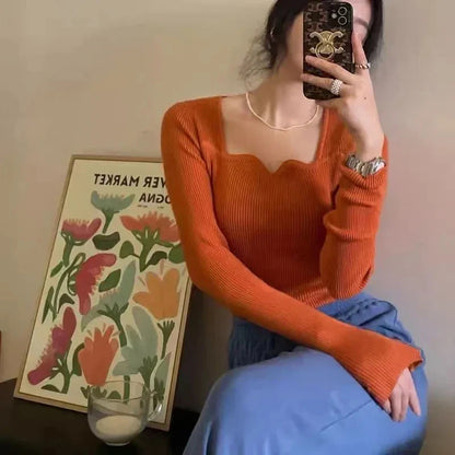 Square Collar Cropped Knit Sweater Long Sleeve Slim Fit Pullover