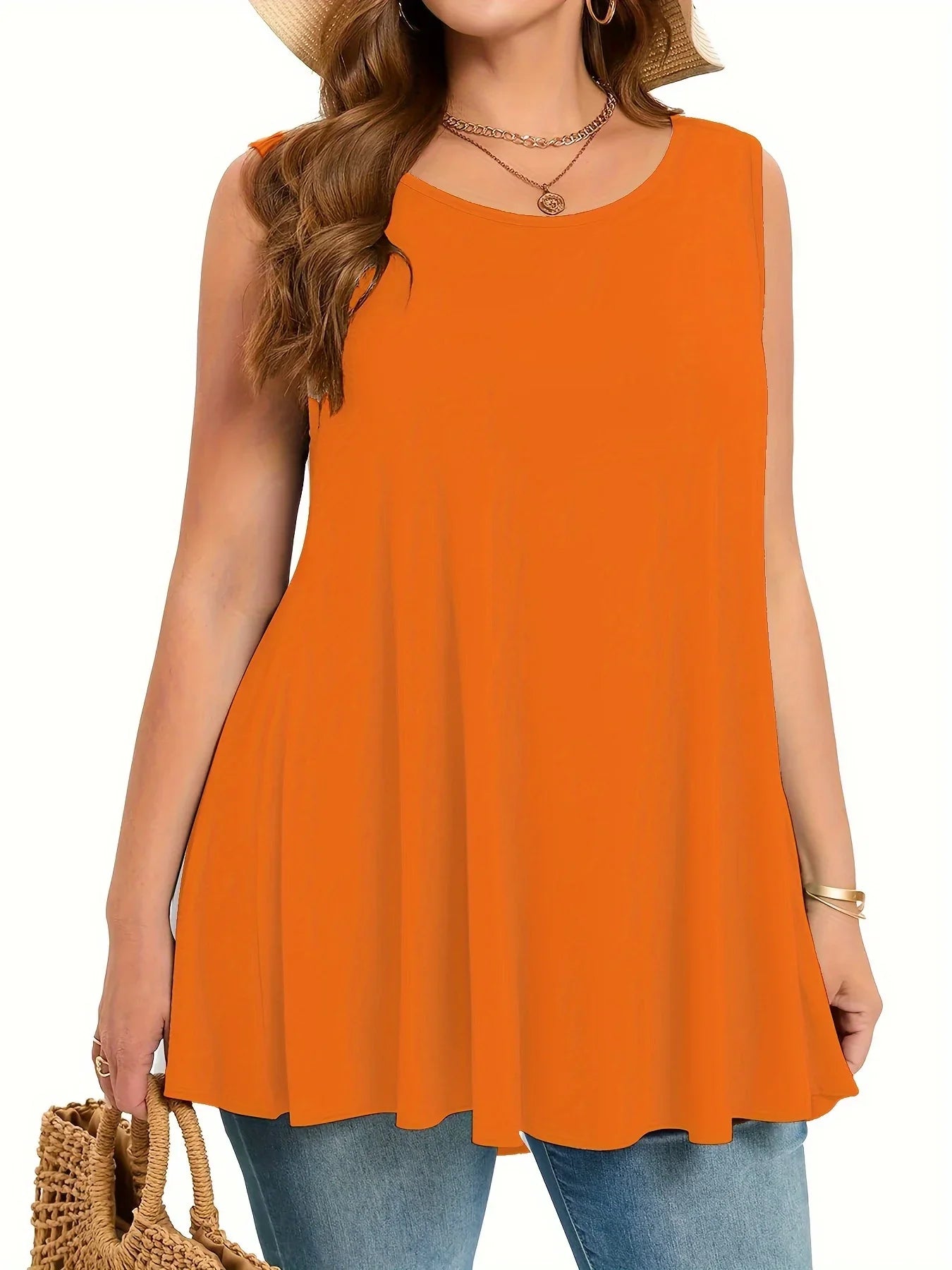 Plus Size Solid Tank Top Women Casual Crew Neck Sleeveless