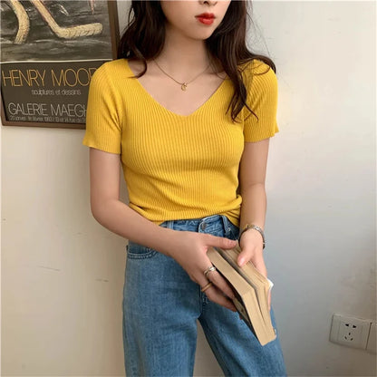 V-Neck Ribbed Knit Top Short Sleeve Slim Fit Pullover