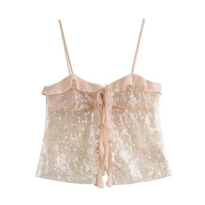 Sequined Chiffon Crop Camisole Tops