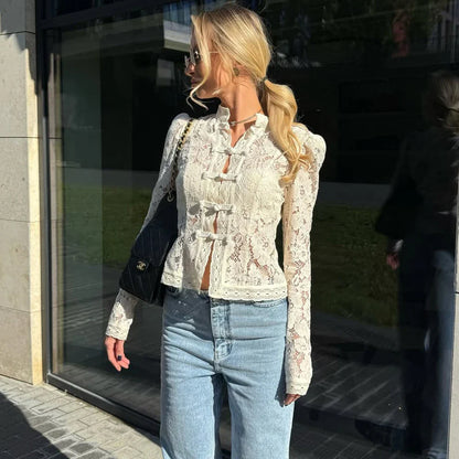 Women's Lace Blouse - V-Neck Patchwork Slim Fit Party Top