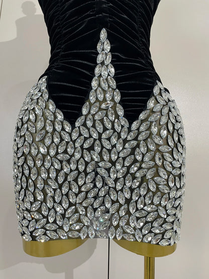 Women's Sparkly Diamond Mesh Velvet Mini Dress