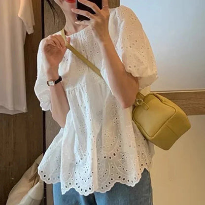 French Style Embroidered Lace Blouse Women White Short Puff Sleeve Round Collar