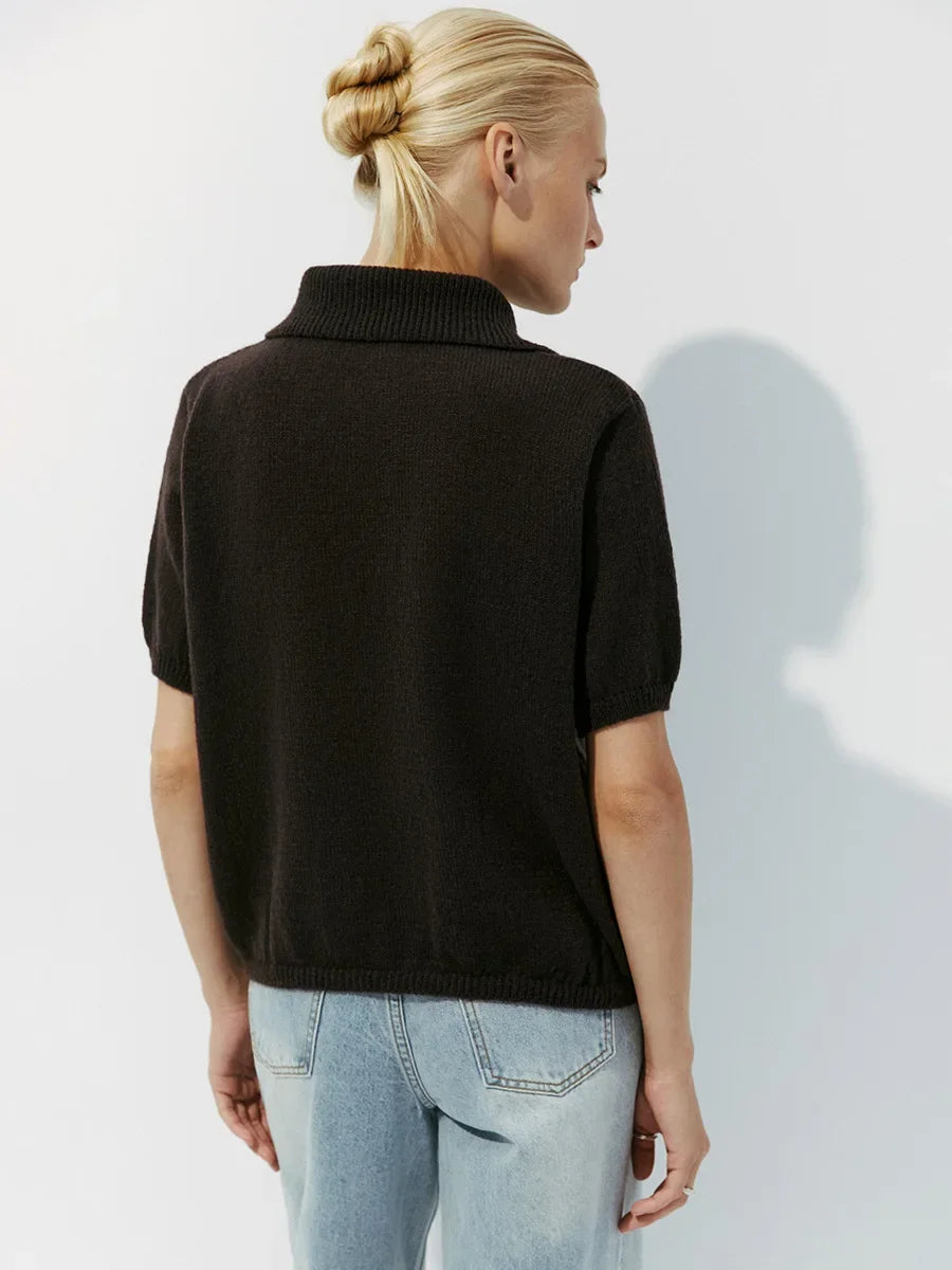 Polo Collar Knit Top Puff Sleeve Hollow-Out Loose Fit