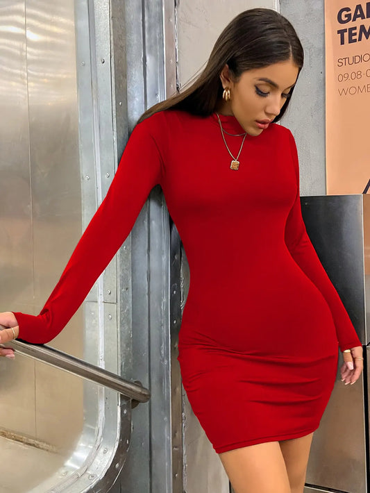 Turtleneck Long Sleeve Ruched Bodycon Mini Dress