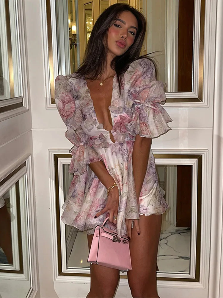 Floral Print V-Neck Pleated Hollow Out Mini Dress