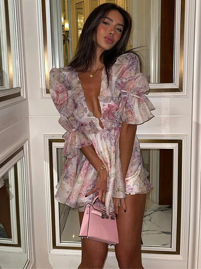 Floral Print V-Neck Pleated Hollow Out Mini Dress