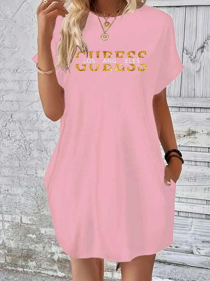 Letter Print Round Neck Short Sleeve Pocket Dress