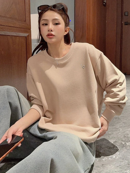 Women's Sweatshirt Sport Classic O Neck Solid Color Casual Loose Pullover Tops Female Solid Cotton Hoodie Women Oversize
