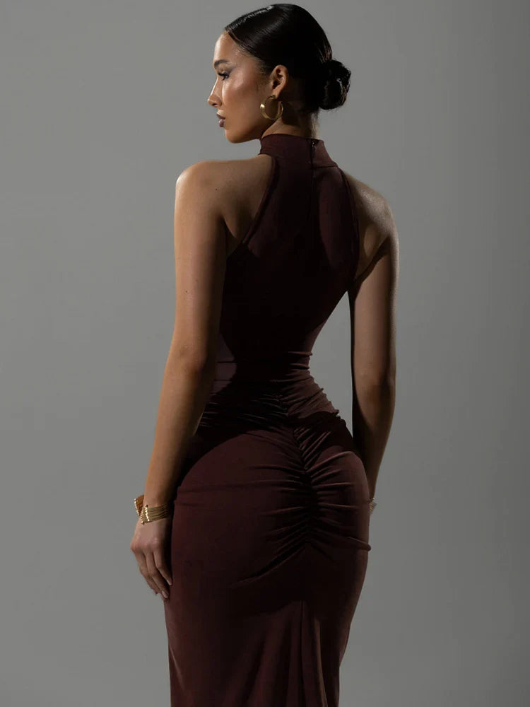 Women's Halter Ruched Maxi Dress - Sleeveless Evening Gown