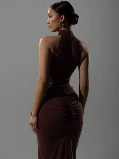 Women's Halter Ruched Maxi Dress - Sleeveless Evening Gown