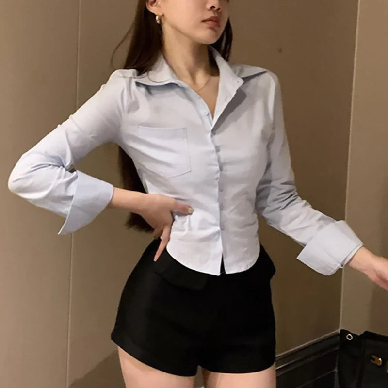 Chiffon Button-Up Blouse with Pockets