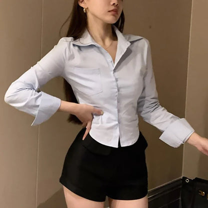 Chiffon Button-Up Blouse with Pockets
