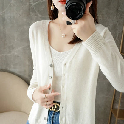 Women's V-Neck Knitted Cardigan - Loose Fit Button-Up Sweater