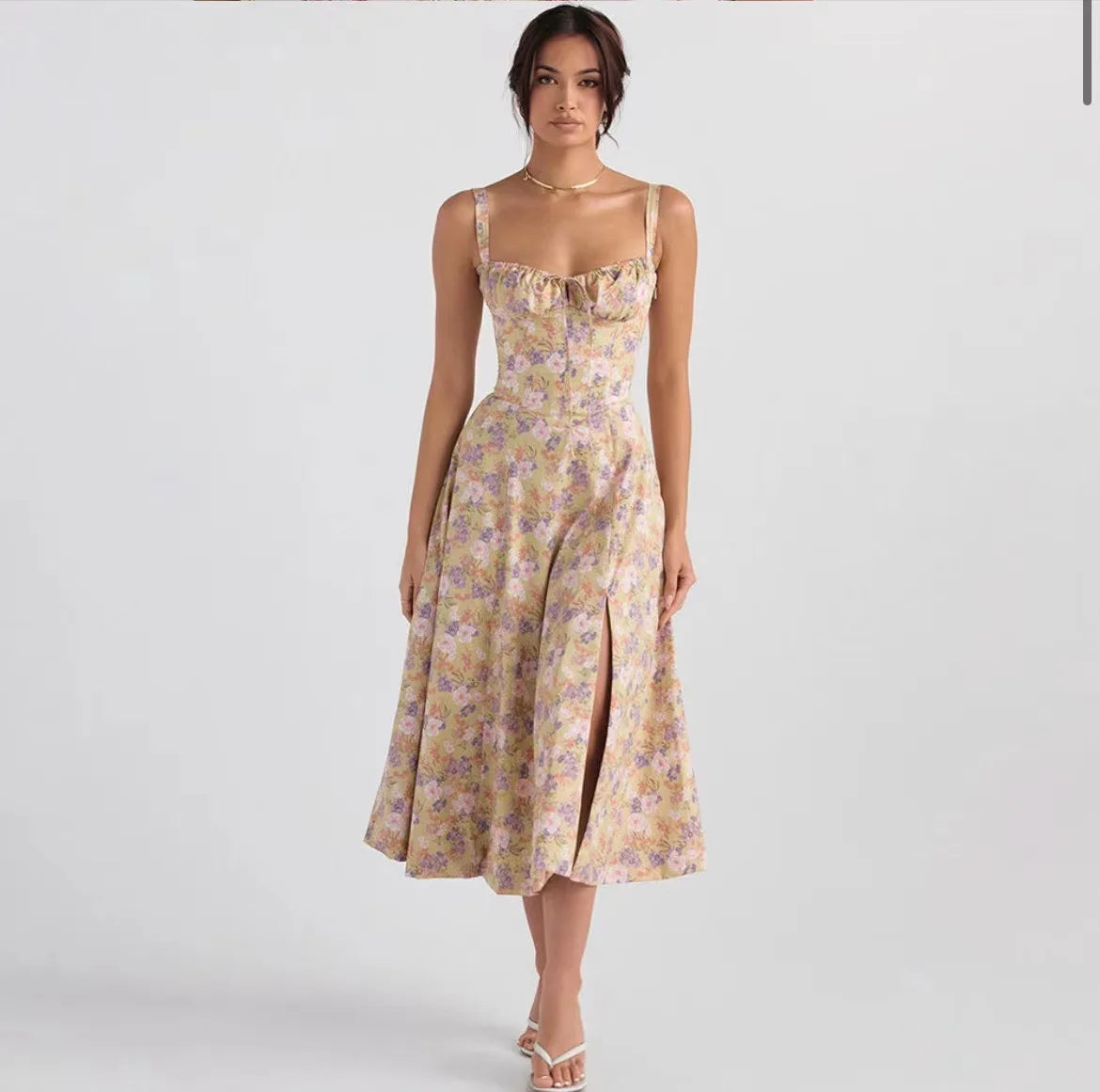 Sexy Floral Print Corset Midi Dress Women High Waist Lace Up Slit Sundress