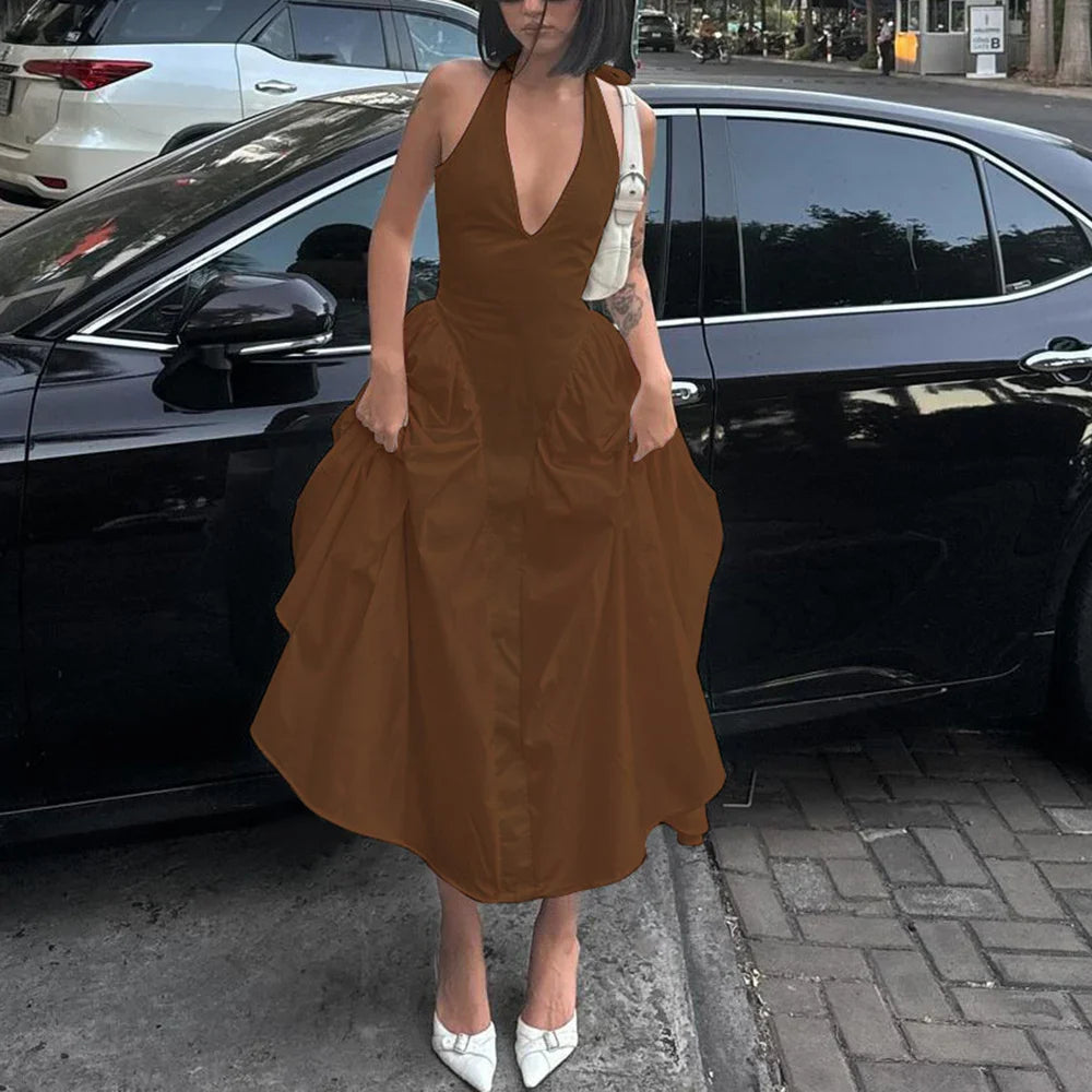Backless Deep V Halter Maxi Dress