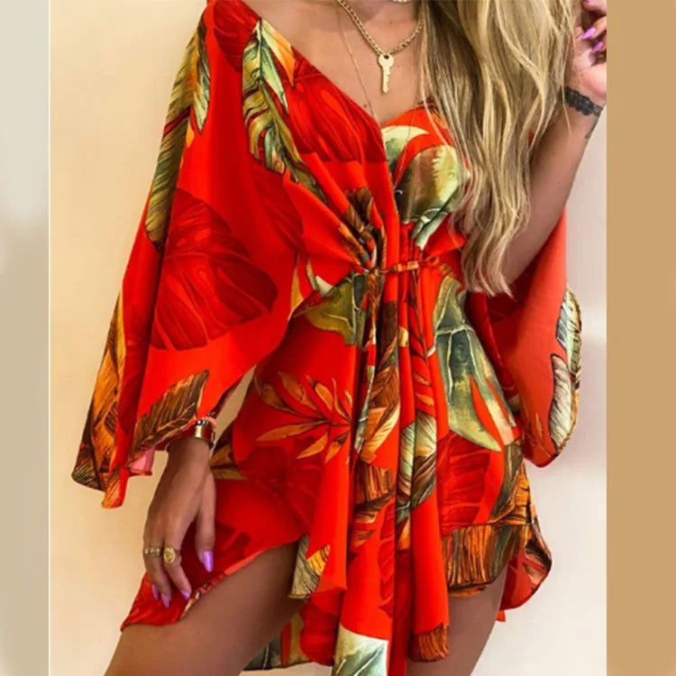 Floral Print V-Neck Batwing Sleeve Loose Mini Dress