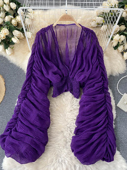 V-Neck Puff Sleeve Draped Chiffon Top
