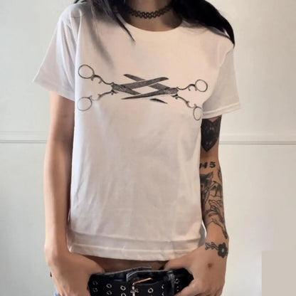 Short Sleeve Anime Graphic Print Slim Fit Crop Tee Harajuku Punk Goth Grunge Vintage Emo Kpop