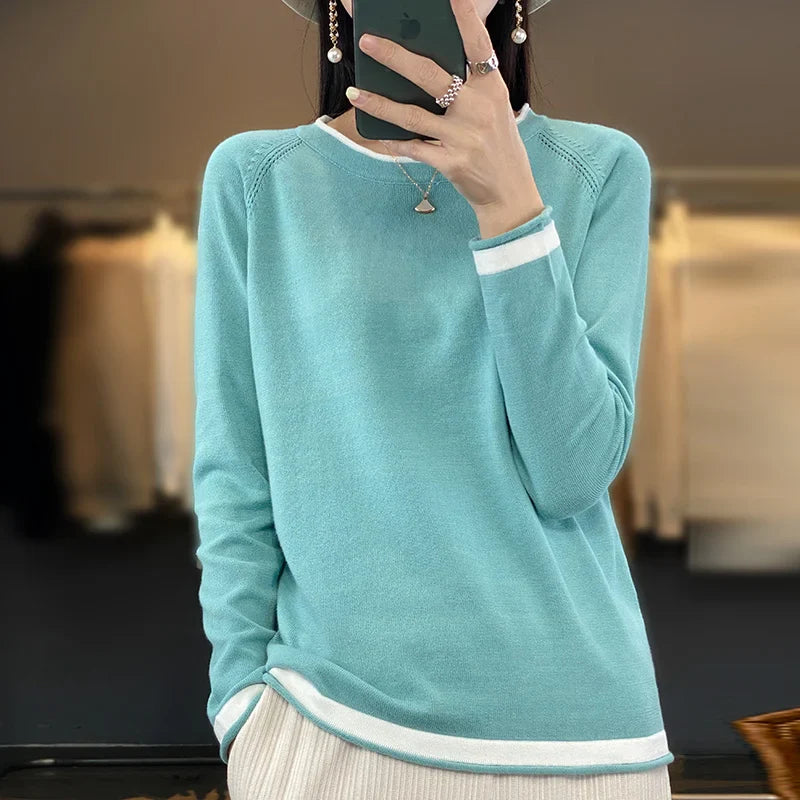 Round Neck Cotton Knit Sweater Long Sleeve Regular Fit