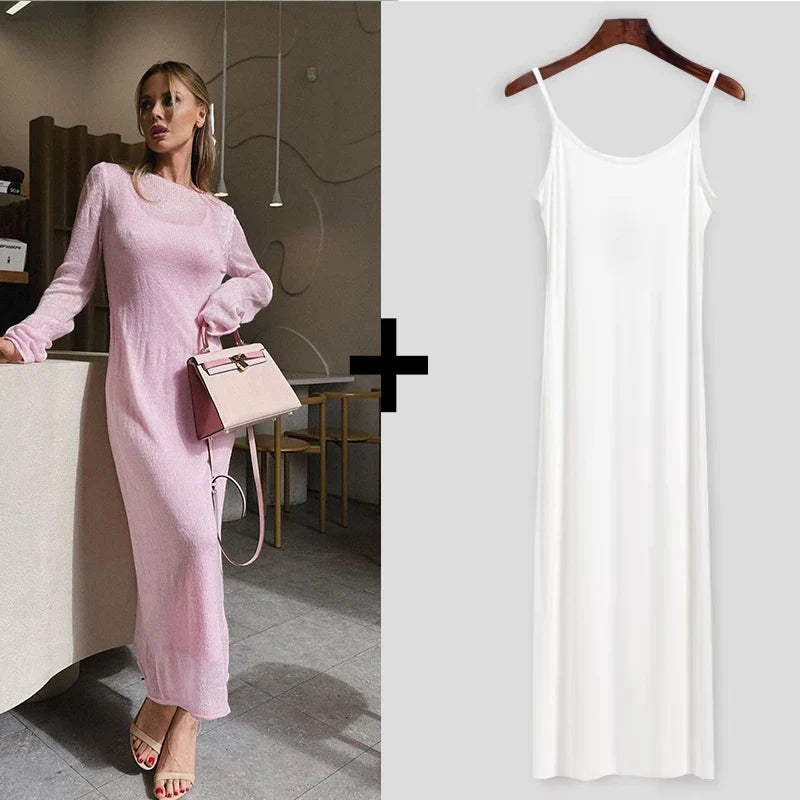 Knit Sweater Midi Dress Round Neck Long Sleeve Loose Hollow-Out
