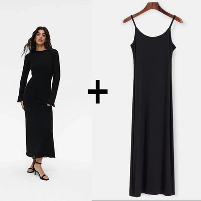 Knit Sweater Midi Dress Round Neck Long Sleeve Loose Hollow-Out