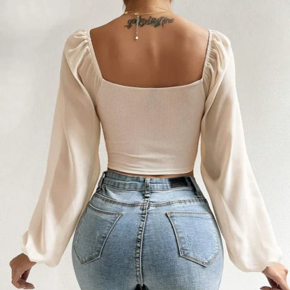 Chiffon Puff Sleeve V-Neck Shirring Top