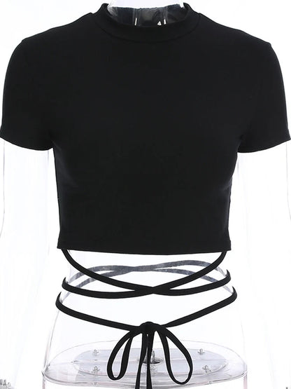 Sexy Short Sleeve Bandage Crop Top O-Neck Slim Fit High Street Tee