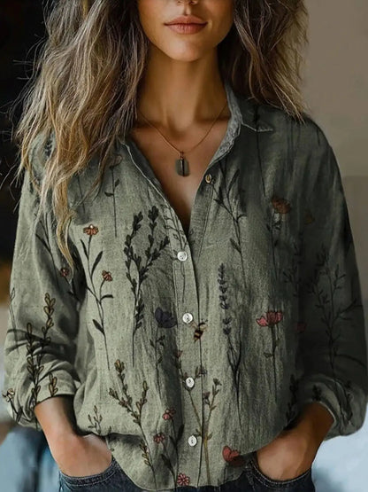 Women's Vintage Print Cotton Linen Shirt - Long Sleeve Casual Blouse