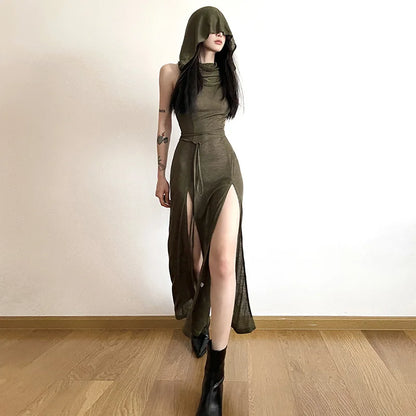 Goth Dark Cyber Gothic Hooded Dress Y2K Punk Grunge Hollow Out Midi Dress Women Split Side Streetwear