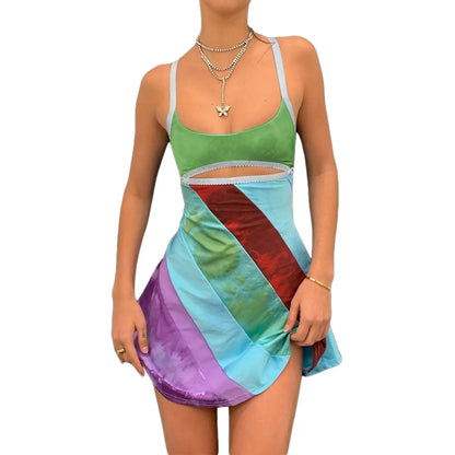 Women’s Casual Sweet Suspender A-line Dress Fashion Contrast Color U-neck Hollow Short Dress