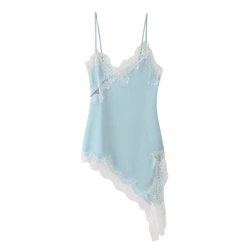 Combhasaki Women Floral Lace Trim Satin High Low Vest Silk Spaghetti Strap Side Split Asymmetrical Cami Flowy Silky Layering Top